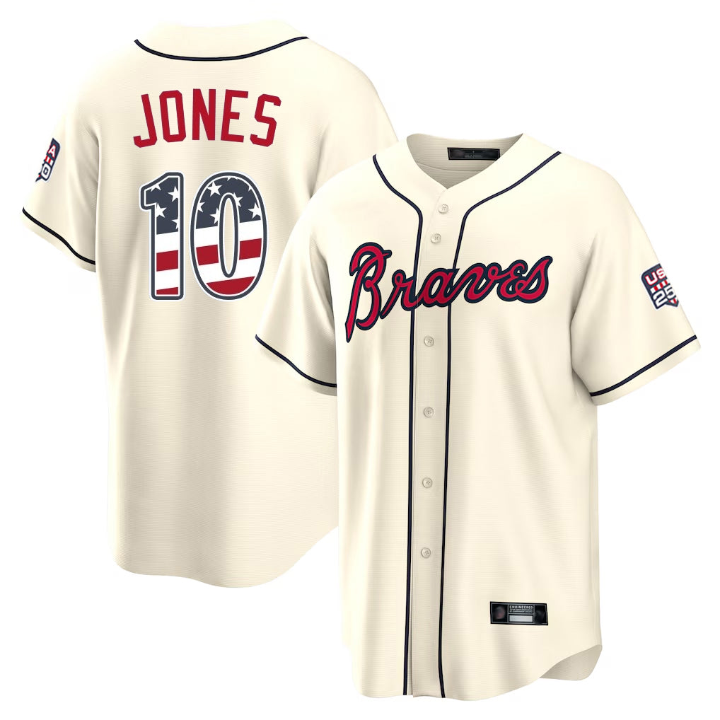 Silnrao A.Braves #10 Chipper Jones Player Cream USA 250 Fourth Of July Limited Home Game Stitched Jerseys