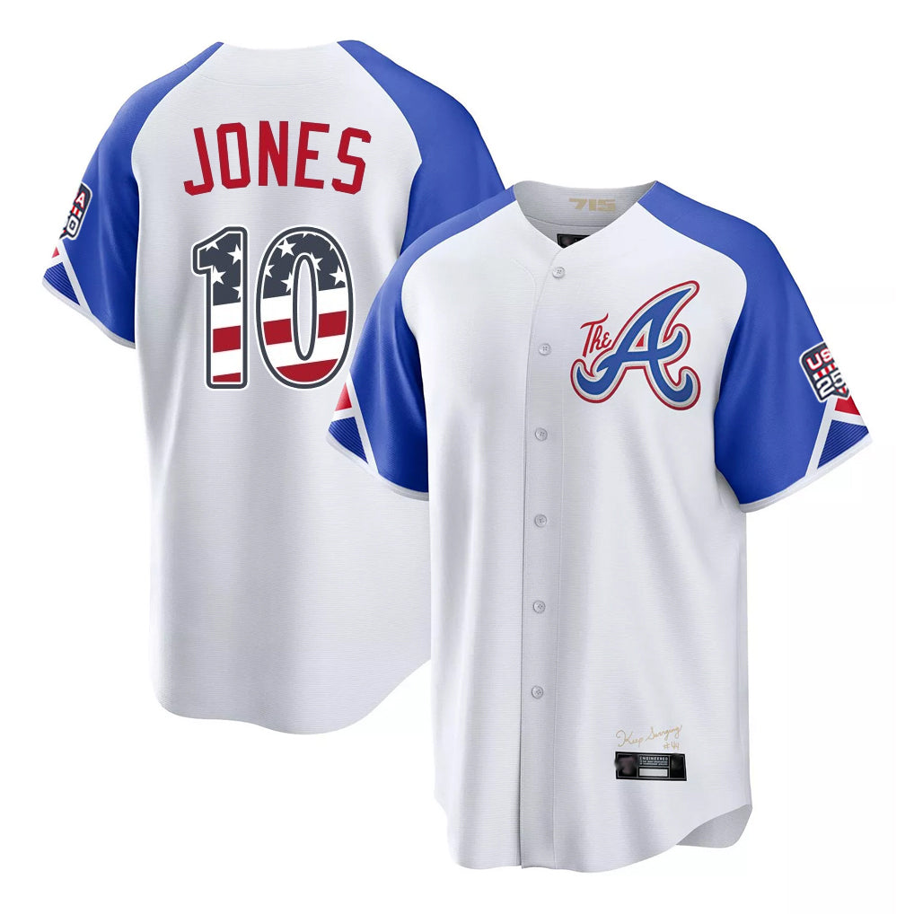 Silnrao A.Braves #10 Chipper Jones Player White USA 250 Fourth Of July City Connect Home Game Stitched Jerseys