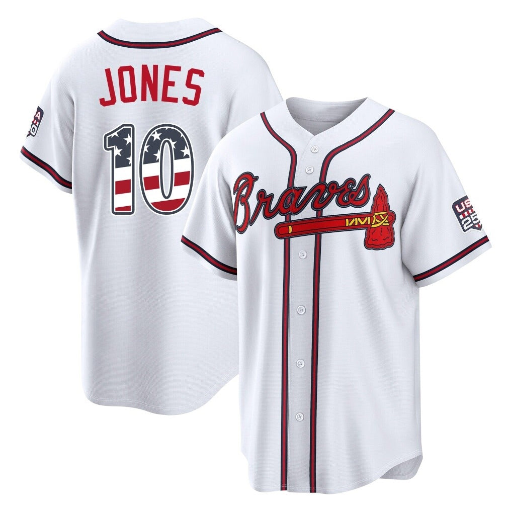 Silnrao A.Braves #10 Chipper Jones Player White USA 250 Fourth Of July Limited Home Game Stitched Jerseys