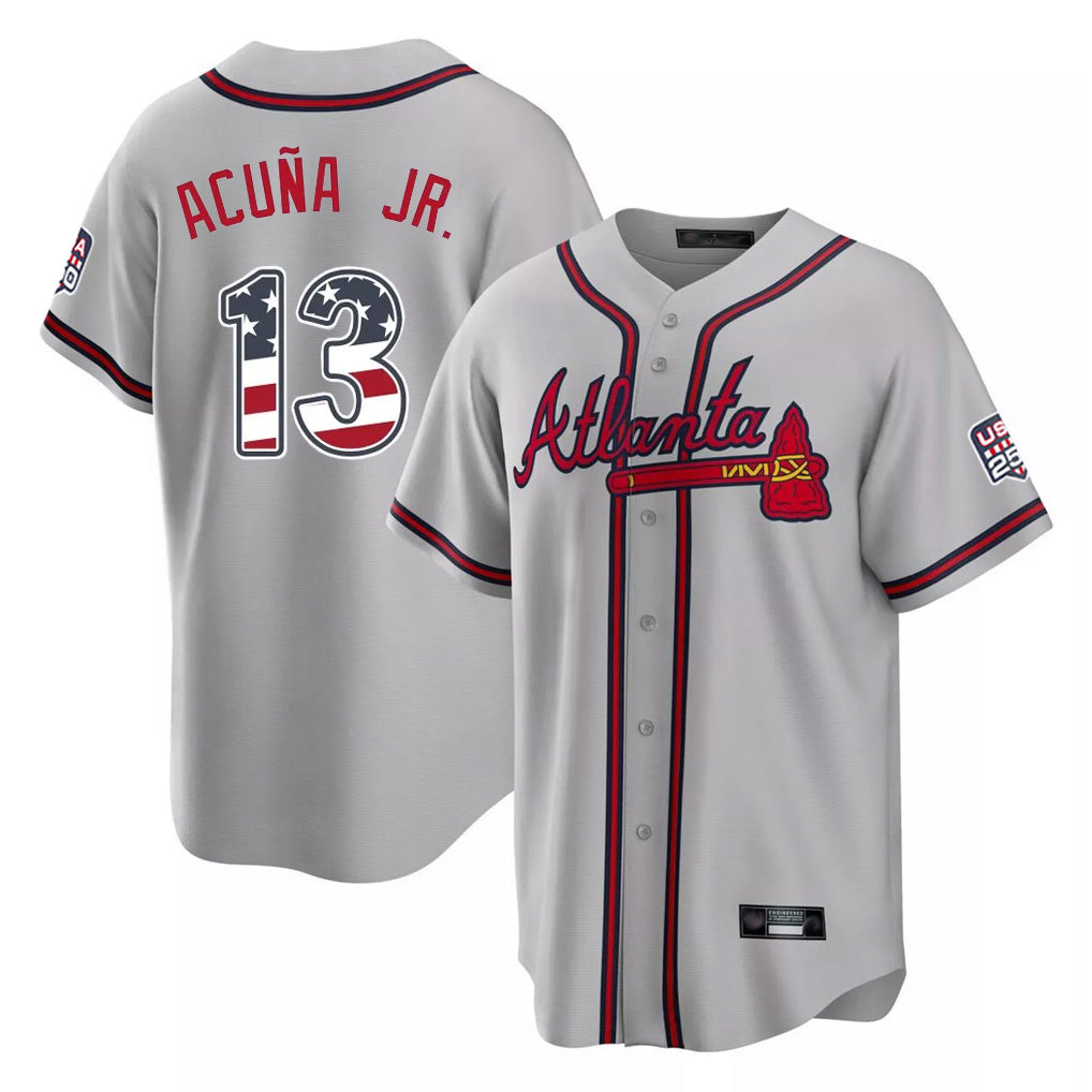 Silnrao A.Braves #13 Ronald Acuna Jr Player Gray USA 250 Fourth Of July Limited Home Game Stitched Jerseys