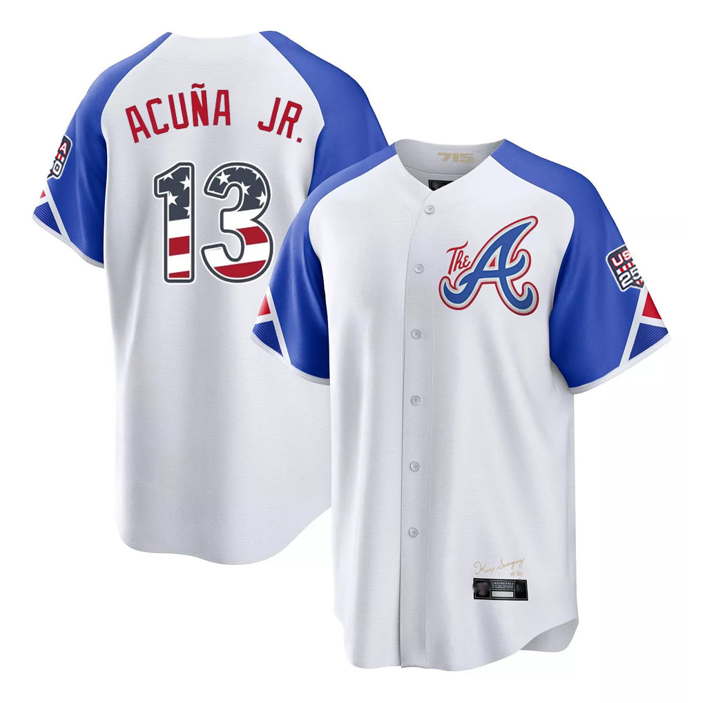 Silnrao A.Braves #13 Ronald Acuna Jr Player White USA 250 Fourth Of July City Connect Home Game Stitched Jerseys