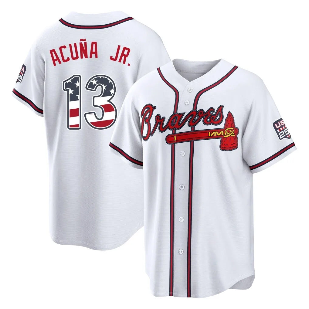 Silnrao A.Braves #13 Ronald Acuna Jr Player White USA 250 Fourth Of July Limited Home Game Stitched Jerseys