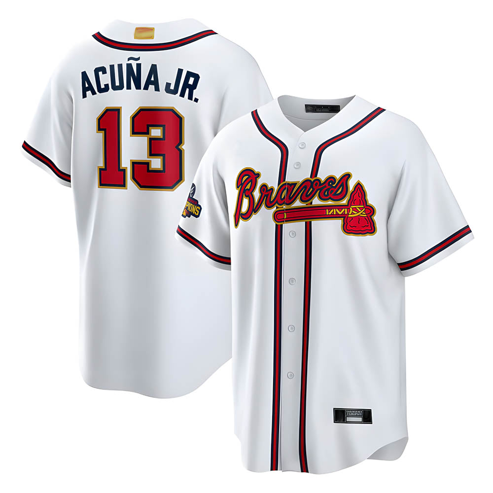 Pkot A.Braves #13 Ronald Acun?a Jr. Player White Gold Championship Stitched Jerseys