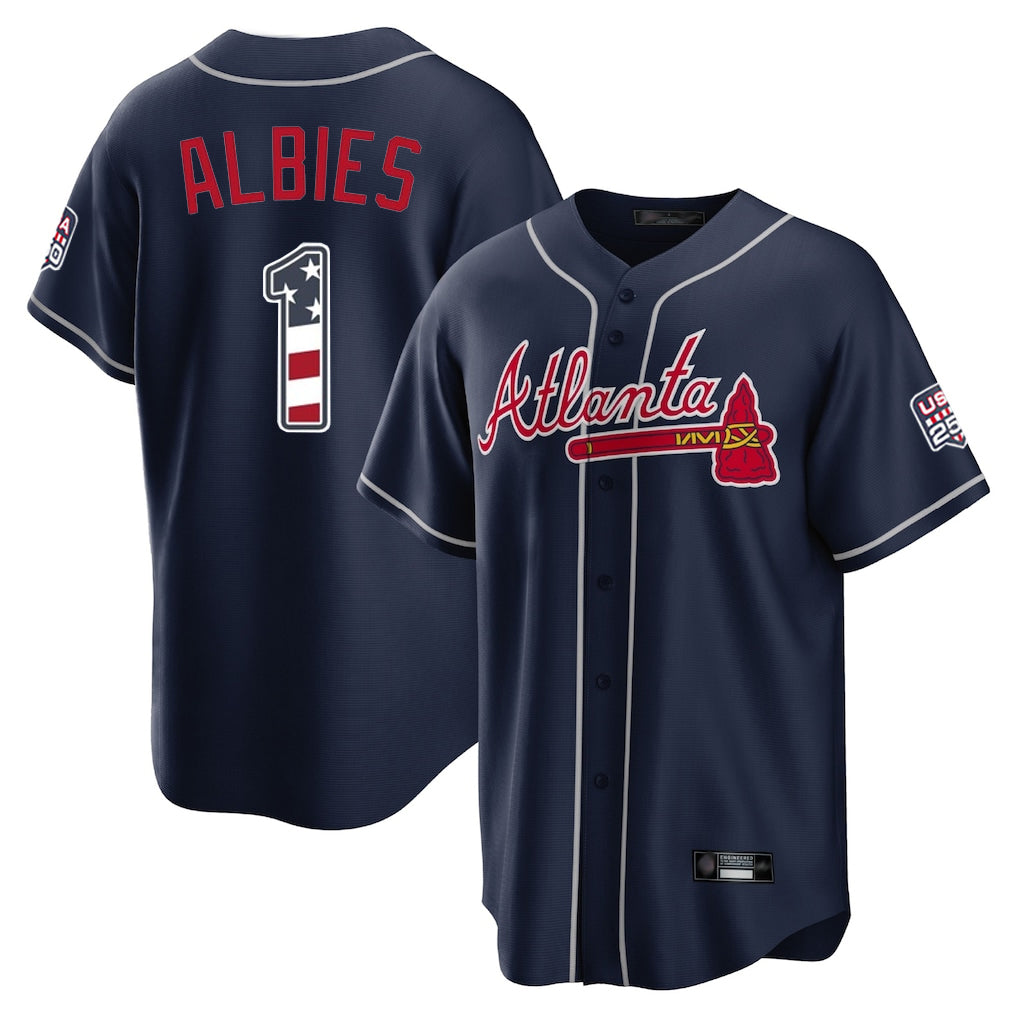 Silnrao A.Braves #1 Ozzie Albies Player Navy USA 250 Fourth Of July Limited Home Game Stitched Jerseys