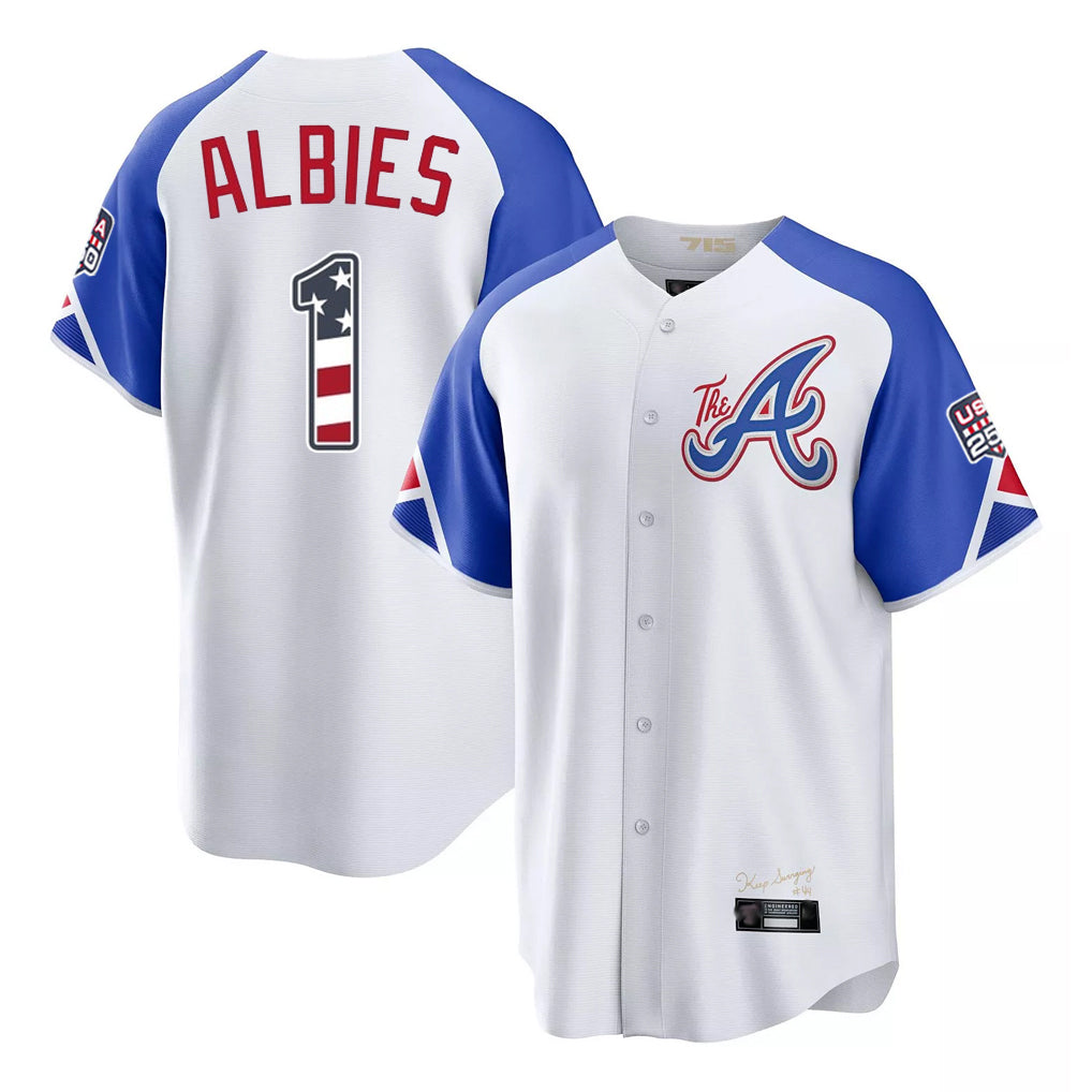 Silnrao A.Braves #1 Ozzie Albies Player White USA 250 Fourth Of July City Connect Home Game Stitched Jerseys