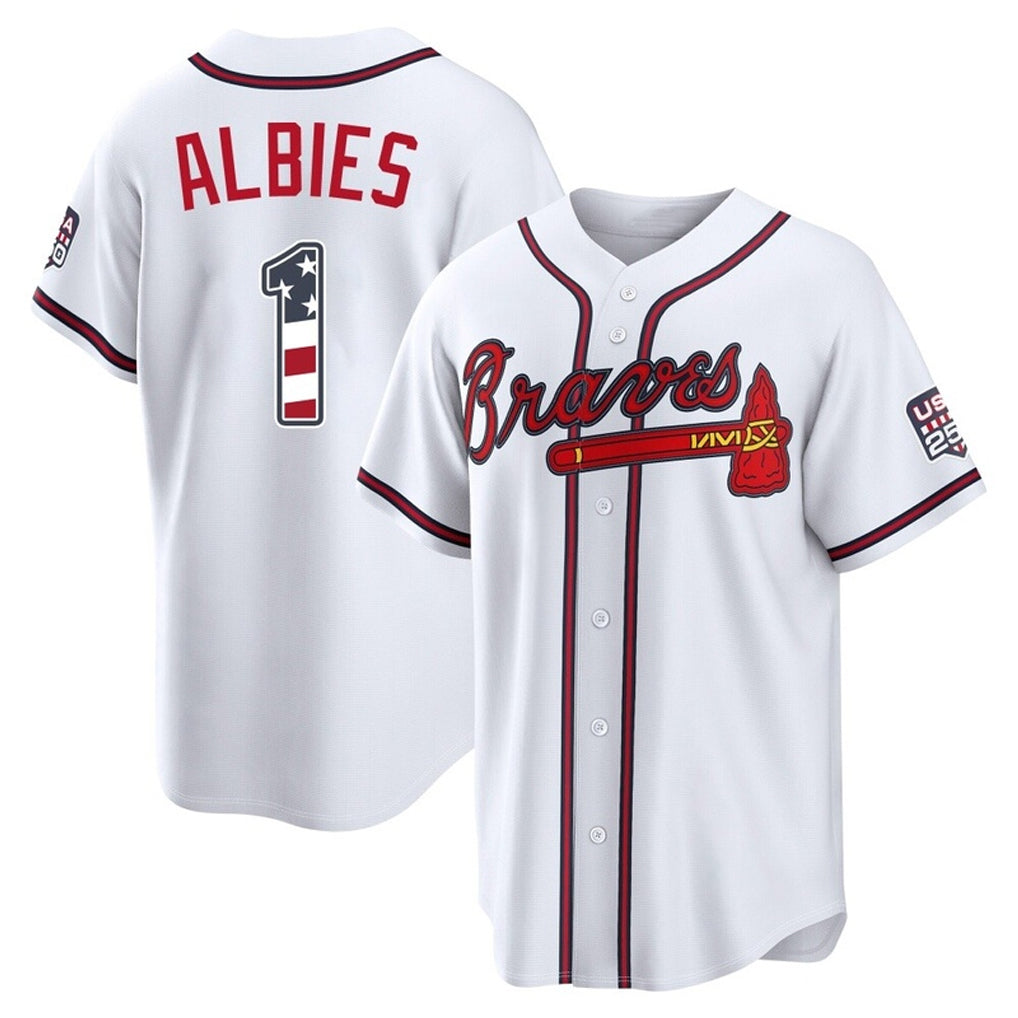 Silnrao A.Braves #1 Ozzie Albies Player White USA 250 Fourth Of July Limited Home Game Stitched Jerseys