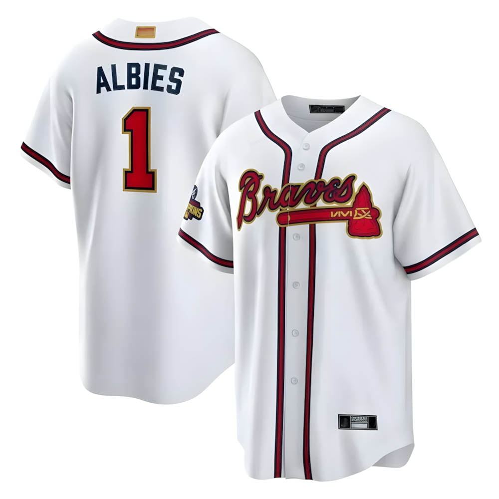 Pkot A.Braves #1 Ozzie Albies player White World Series Gold Program Stitched Jerseys