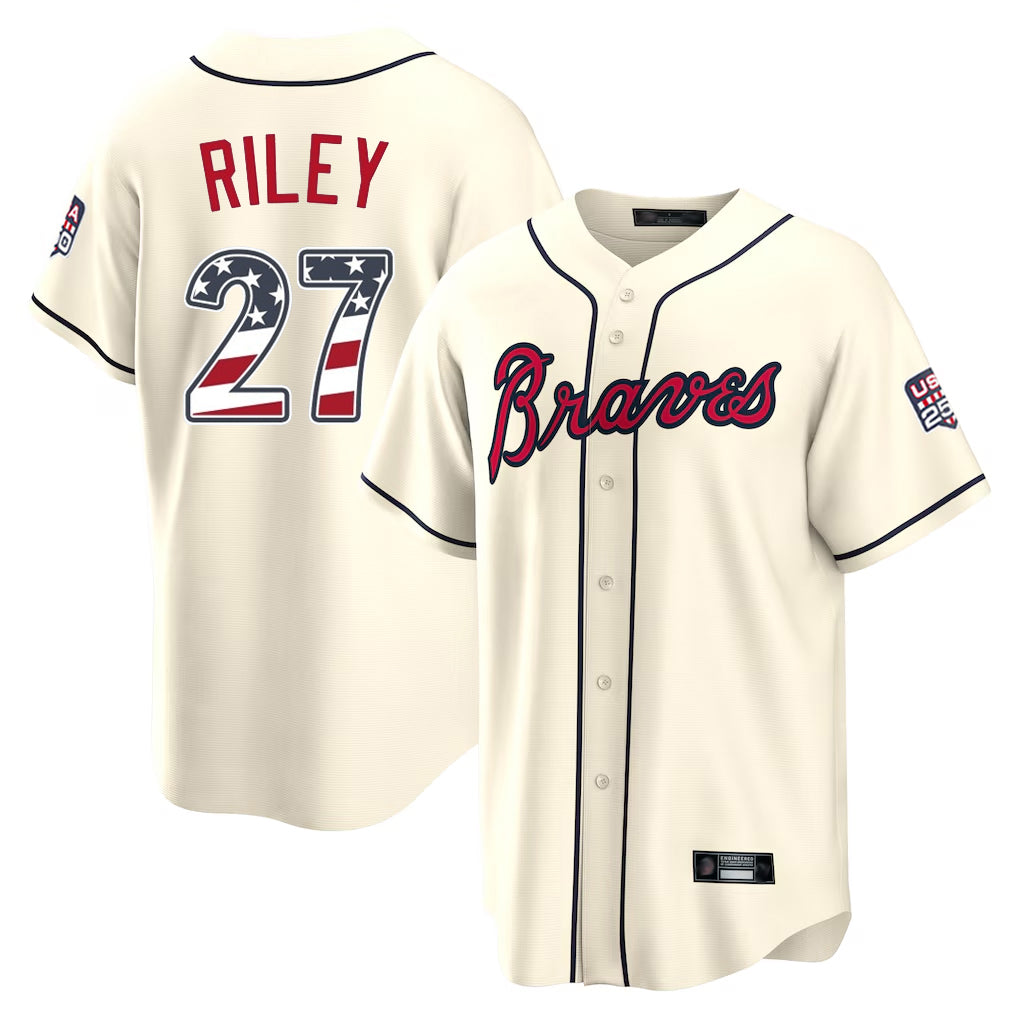 Silnrao A.Braves #27 Austin Riley Player Cream USA 250 Fourth Of July Limited Home Game Stitched Jerseys