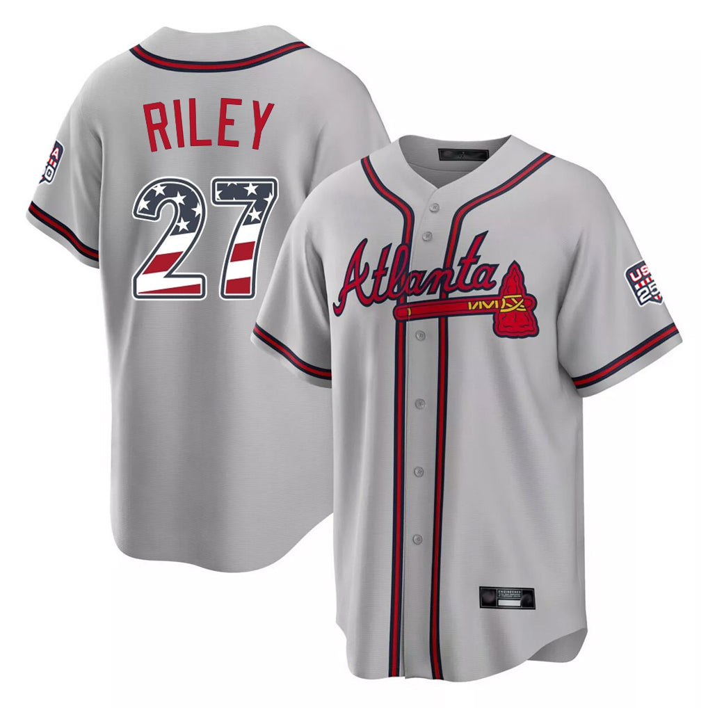 Silnrao A.Braves #27 Austin Riley Player Gray USA 250 Fourth Of July Limited Home Game Stitched Jerseys