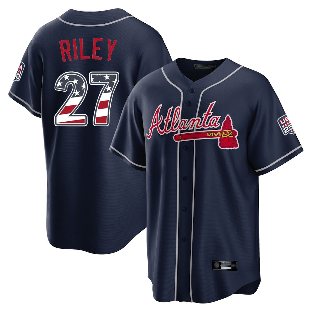 Silnrao A.Braves #27 Austin Riley Player Navy USA 250 Fourth Of July Limited Home Game Stitched Jerseys