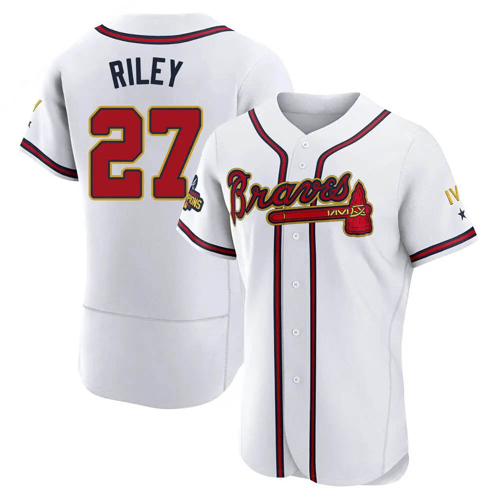 Pkot A.Braves #27 Austin Riley Player White&Gold Authentic Program Stitched Jerseys
