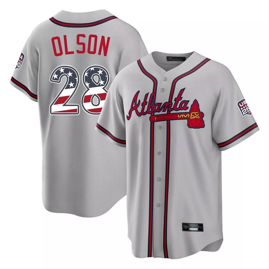 Silnrao A.Braves #28 Matt Olson Player Gray USA 250 Fourth Of July Limited Home Game Stitched Jerseys