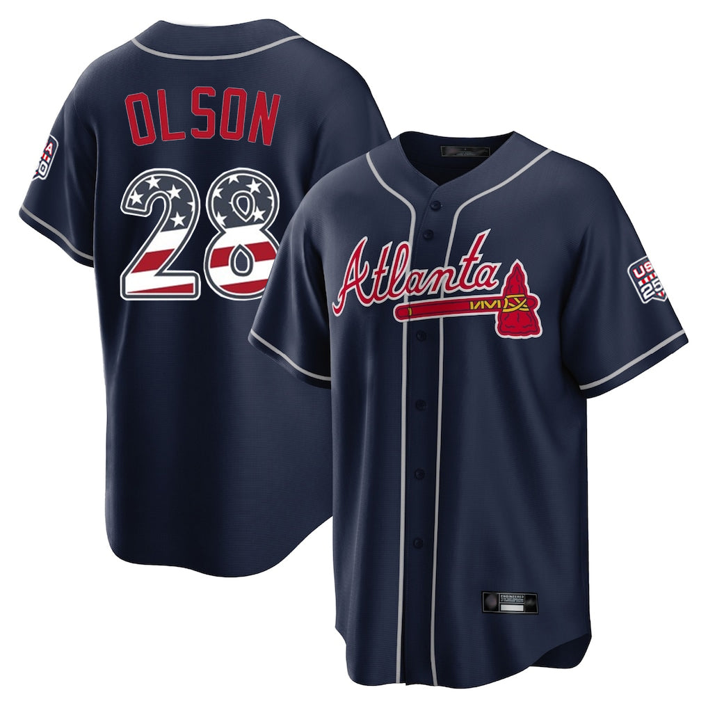 Silnrao A.Braves #28 Matt Olson Player Navy USA 250 Fourth Of July Limited Home Game Stitched Jerseys