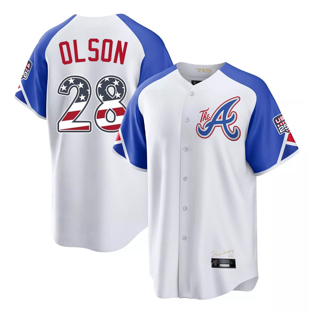 Silnrao A.Braves #28 Matt Olson Player White USA 250 Fourth Of July City Connect Home Game Stitched Jerseys