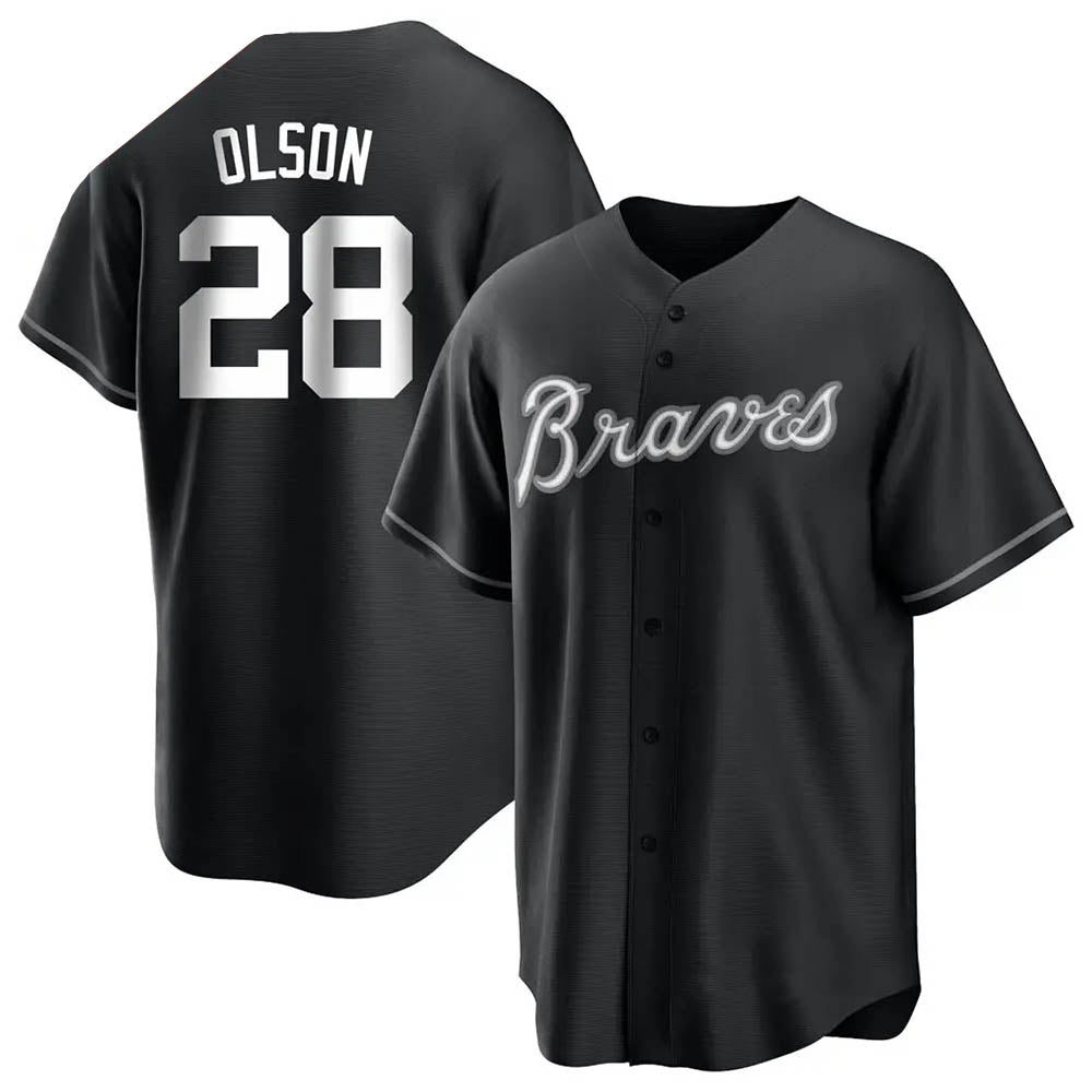 Pkot A.Braves #28 Matt Olson player Black&White Replica Stitched Jerseys