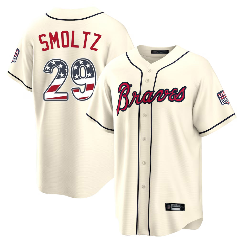 Silnrao A.Braves #29 John Smoltz Player Cream USA 250 Fourth Of July Limited Home Game Stitched Jerseys