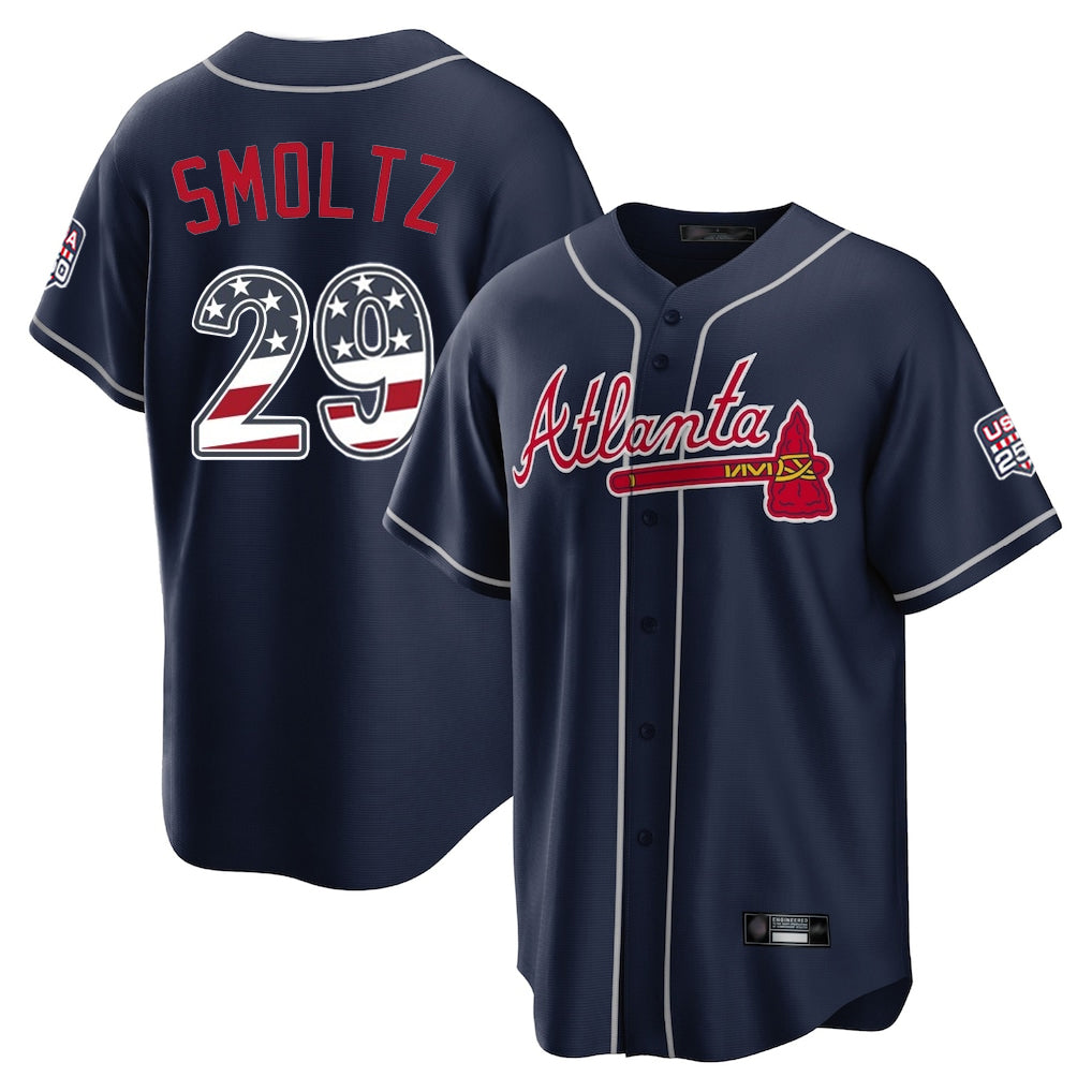 Silnrao A.Braves #29 John Smoltz Player Navy USA 250 Fourth Of July Limited Home Game Stitched Jerseys
