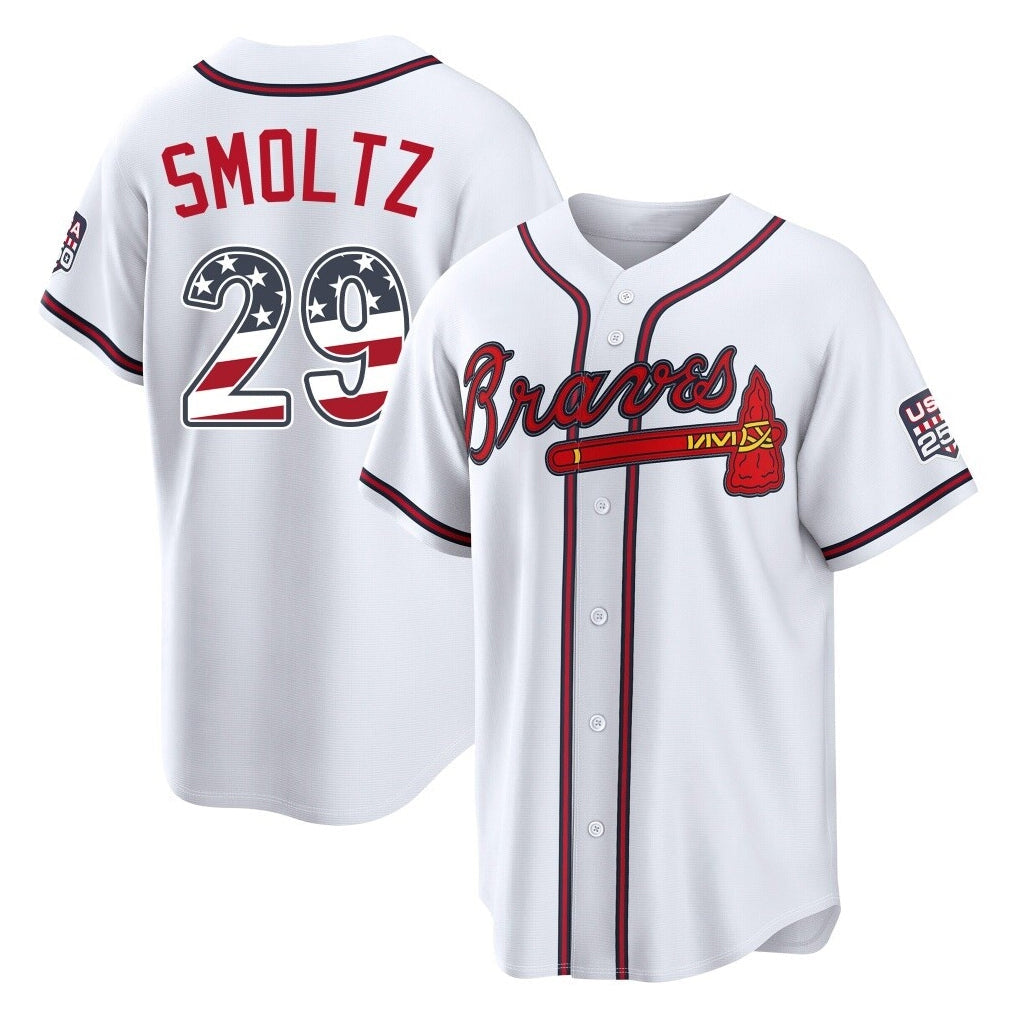 Silnrao A.Braves #29 John Smoltz Player White USA 250 Fourth Of July Limited Home Game Stitched Jerseys