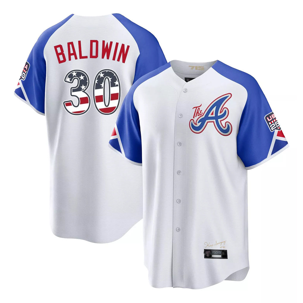 Silnrao A.Braves #30 Drake Baldwin Player White USA 250 Fourth Of July City Connect Home Game Stitched Jerseys