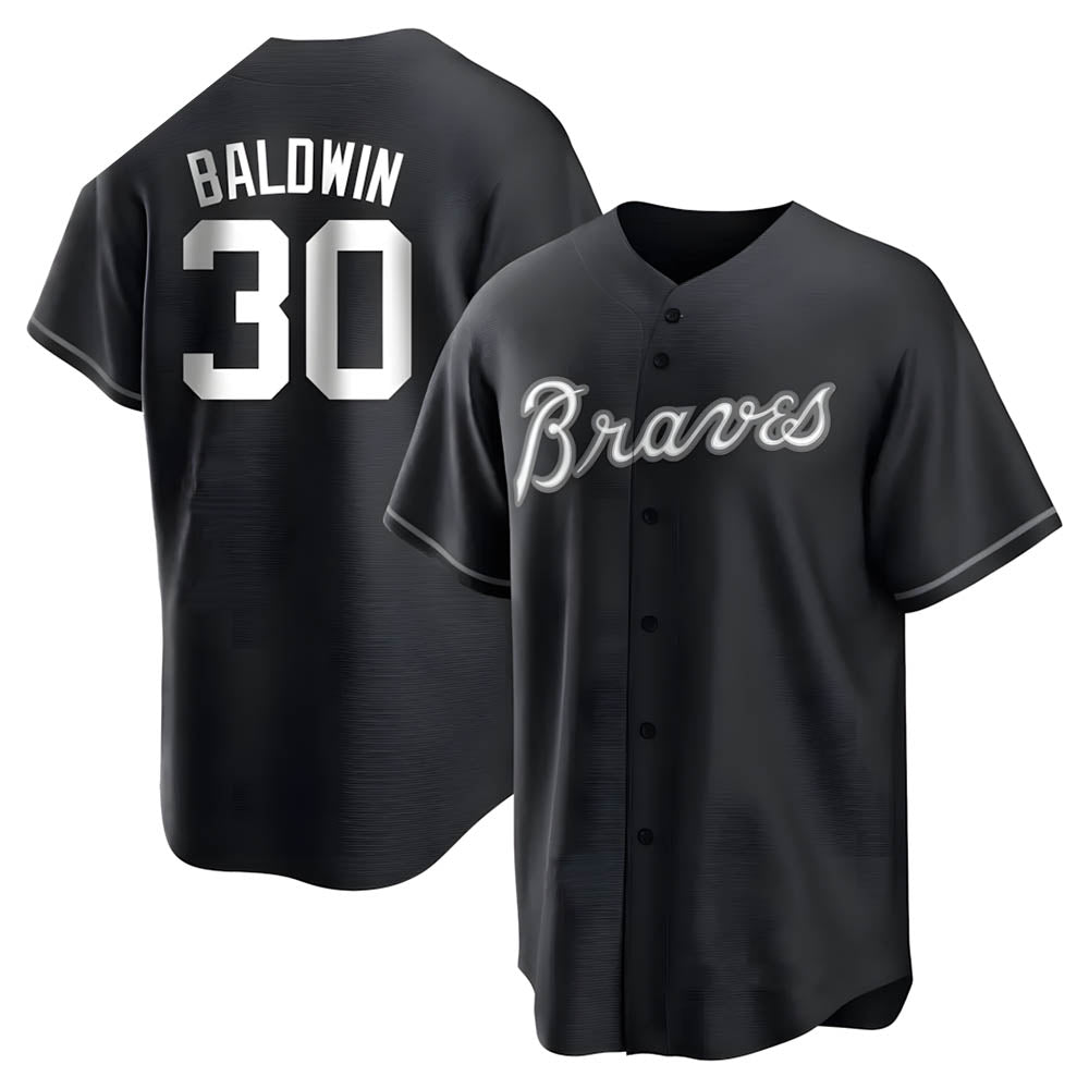 Pkot A.Braves #30 Drake Baldwin player Black&White Replica Stitched Jerseys