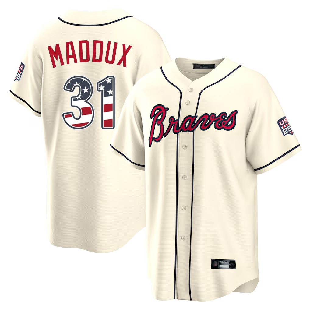 Silnrao A.Braves #31 Greg Maddux Player Cream USA 250 Fourth Of July Limited Home Game Stitched Jerseys