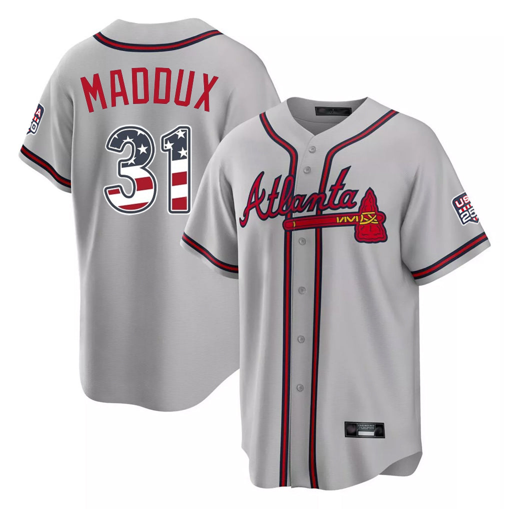 Silnrao A.Braves #31 Greg Maddux Player Gray USA 250 Fourth Of July Limited Home Game Stitched Jerseys