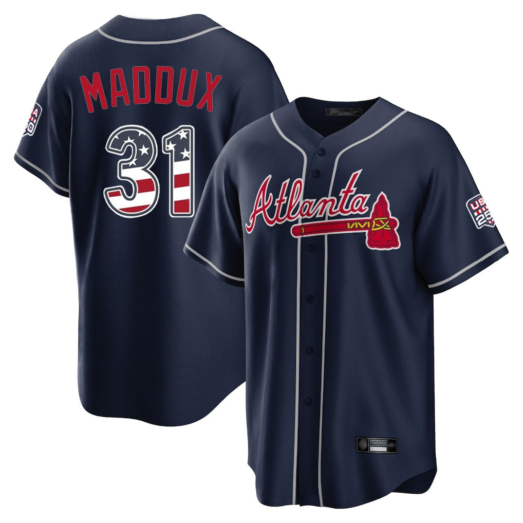 Silnrao A.Braves #31 Greg Maddux Player Navy USA 250 Fourth Of July Limited Home Game Stitched Jerseys