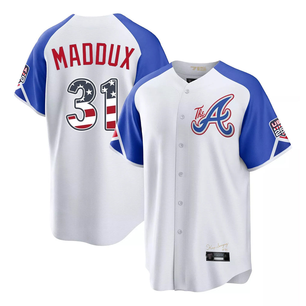 Silnrao A.Braves #31 Greg Maddux Player White USA 250 Fourth Of July City Connect Home Game Stitched Jerseys