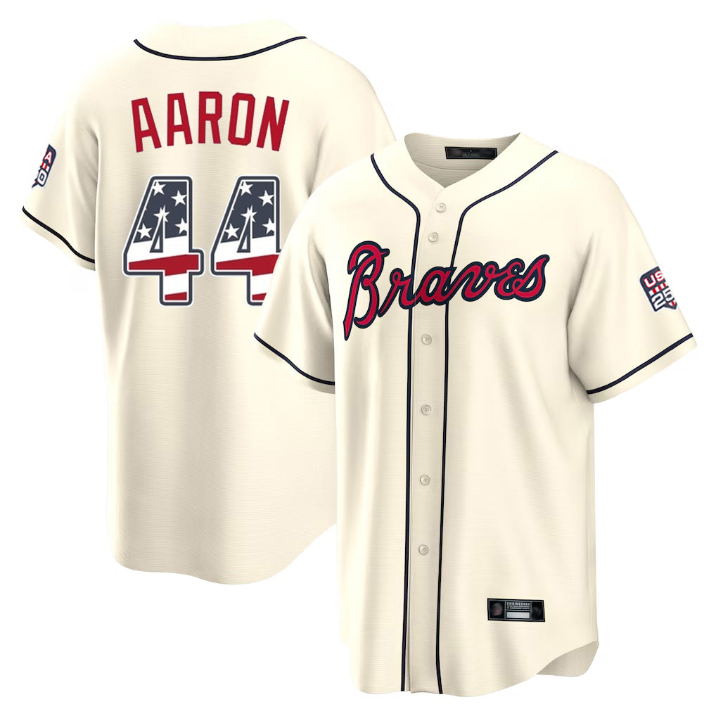 Silnrao A.Braves #44 Hank Aaron Player Cream USA 250 Fourth Of July Limited Home Game Stitched Jerseys