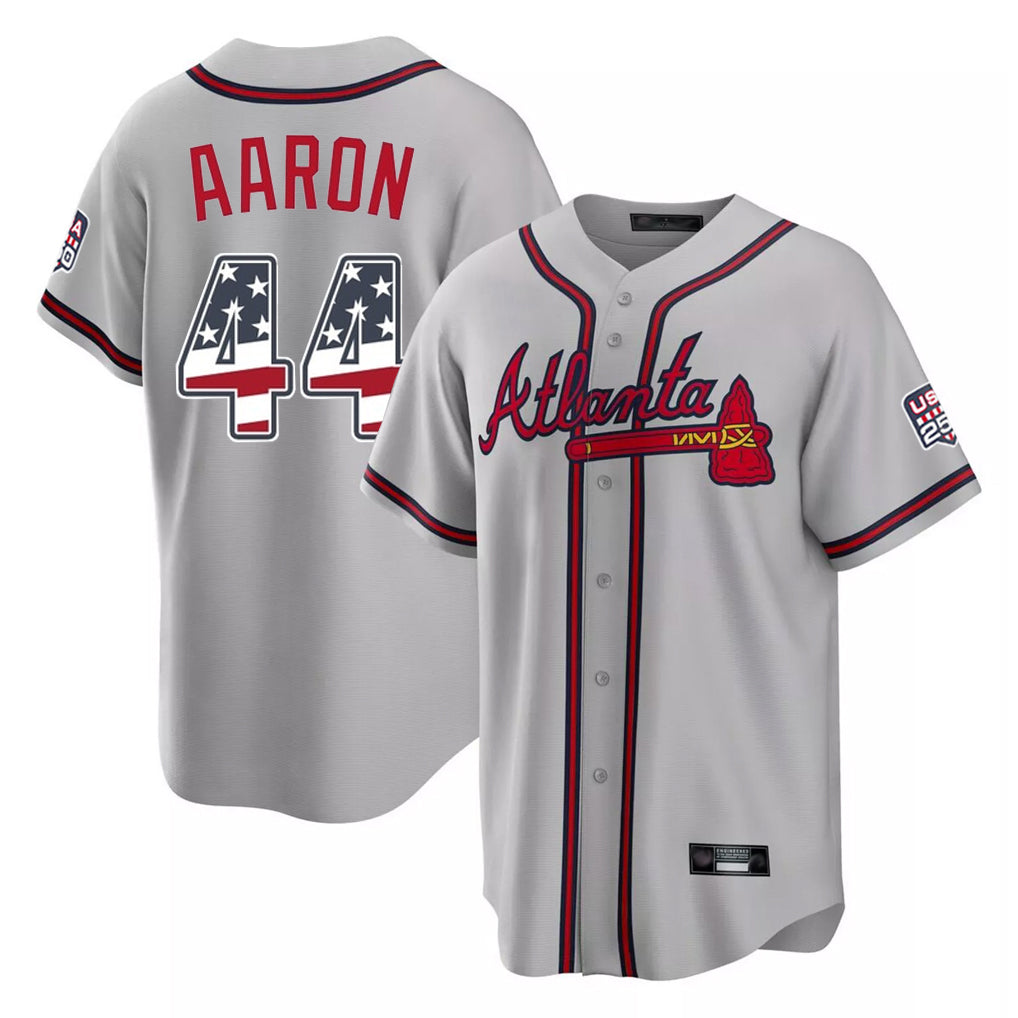 Silnrao A.Braves #44 Hank Aaron Player Gray USA 250 Fourth Of July Limited Home Game Stitched Jerseys