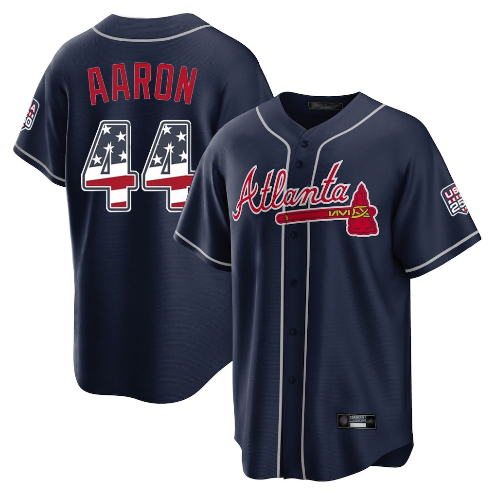 Silnrao A.Braves #44 Hank Aaron Player Navy USA 250 Fourth Of July Limited Home Game Stitched Jerseys