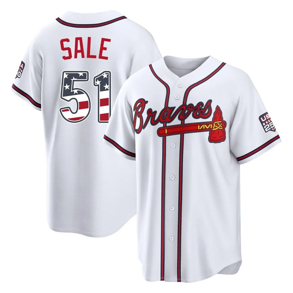 Silnrao A.Braves #51 Chris Sale Player White USA 250 Fourth Of July Limited Home Game Stitched Jerseys
