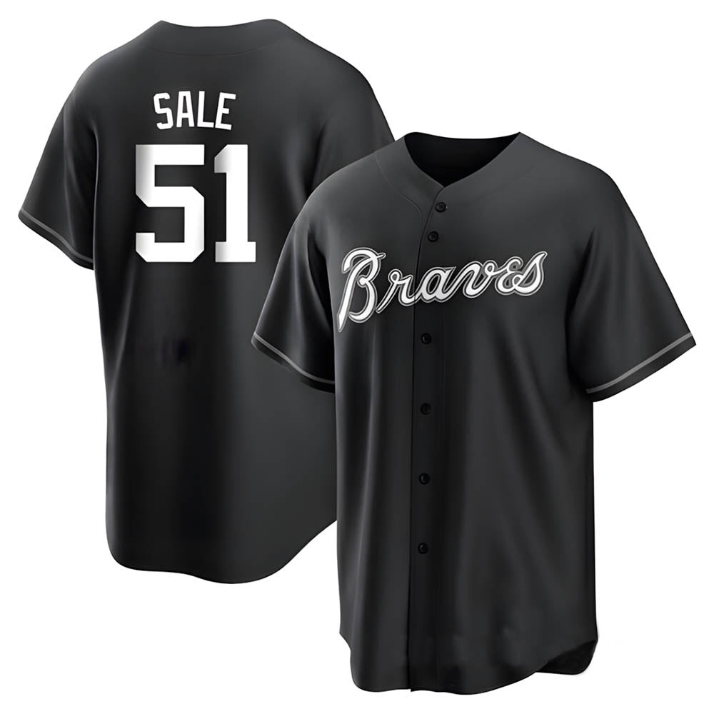Pkot A.Braves #51 Chris Sale Player White&Black Replica Stitched Jerseys