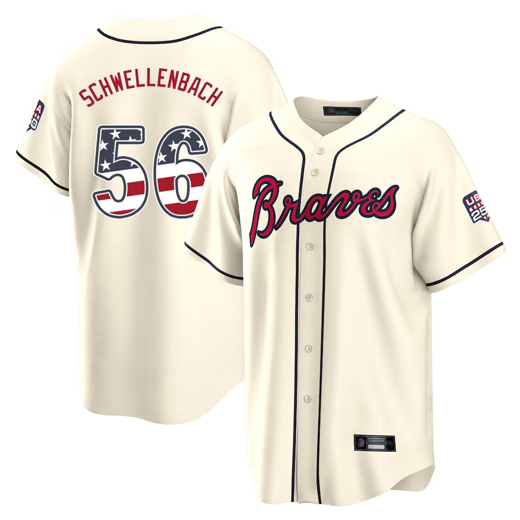 Silnrao A.Braves #56 Spencer Schwellenbach Player Cream USA 250 Fourth Of July Limited Home Game Stitched Jerseys