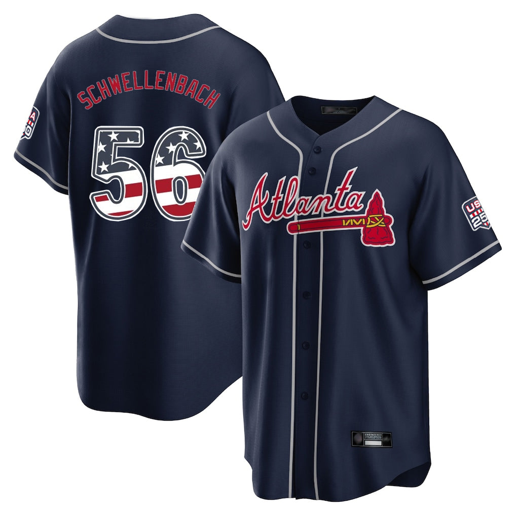 Silnrao A.Braves #56 Spencer Schwellenbach Player Navy USA 250 Fourth Of July Limited Home Game Stitched Jerseys