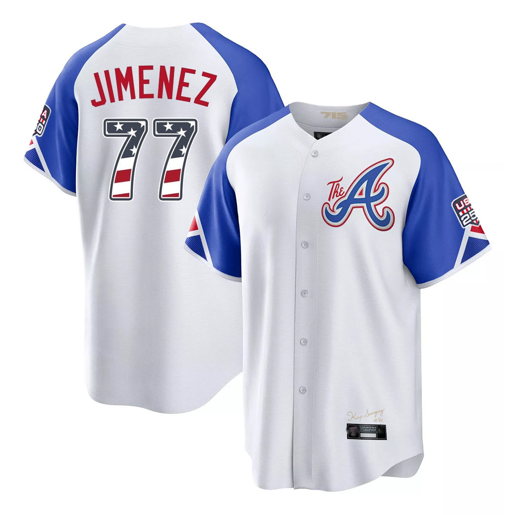 Silnrao A.Braves #77 Joe Jimenez Player White USA 250 Fourth Of July City Connect Home Game Stitched Jerseys