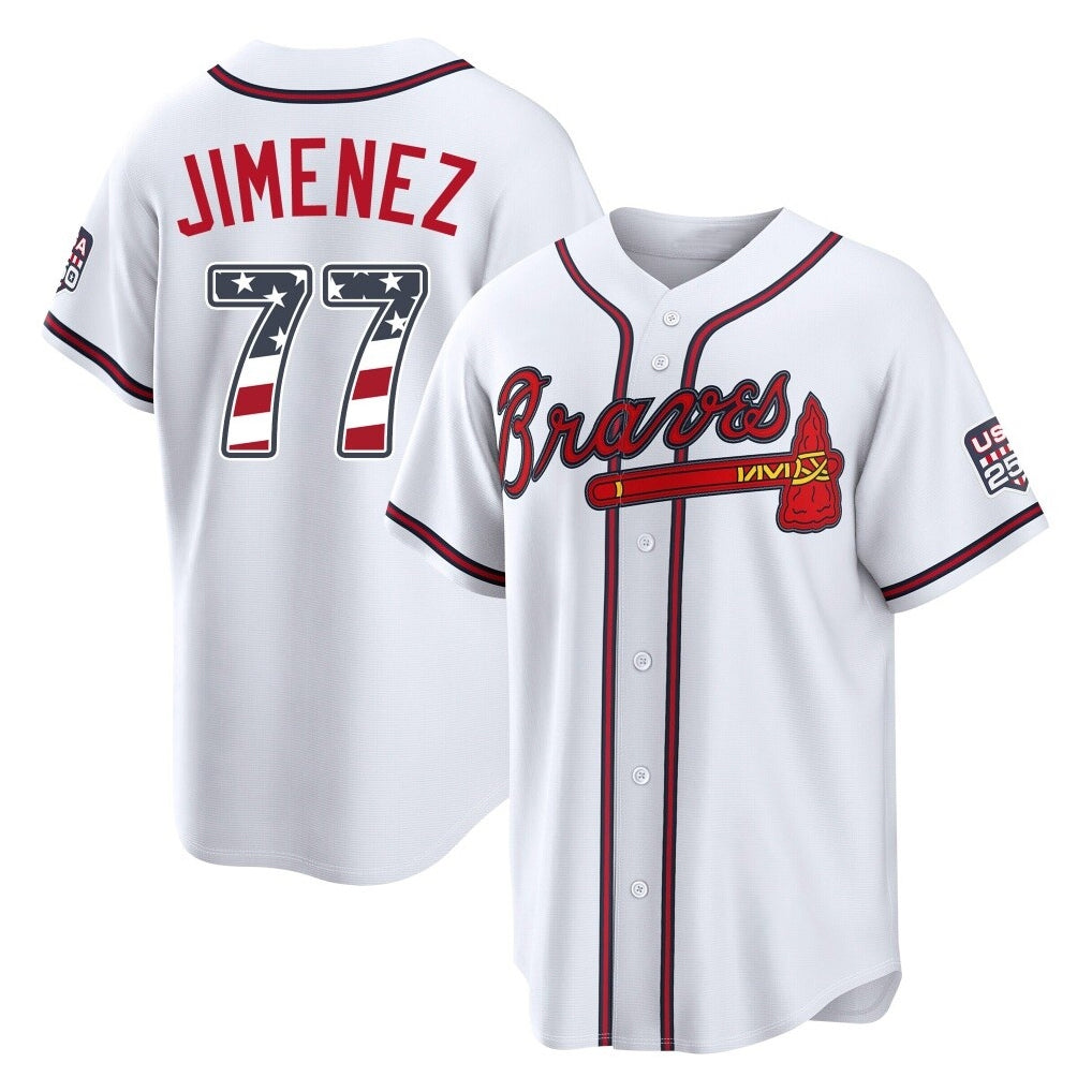 Silnrao A.Braves #77 Joe Jimenez Player White USA 250 Fourth Of July Limited Home Game Stitched Jerseys