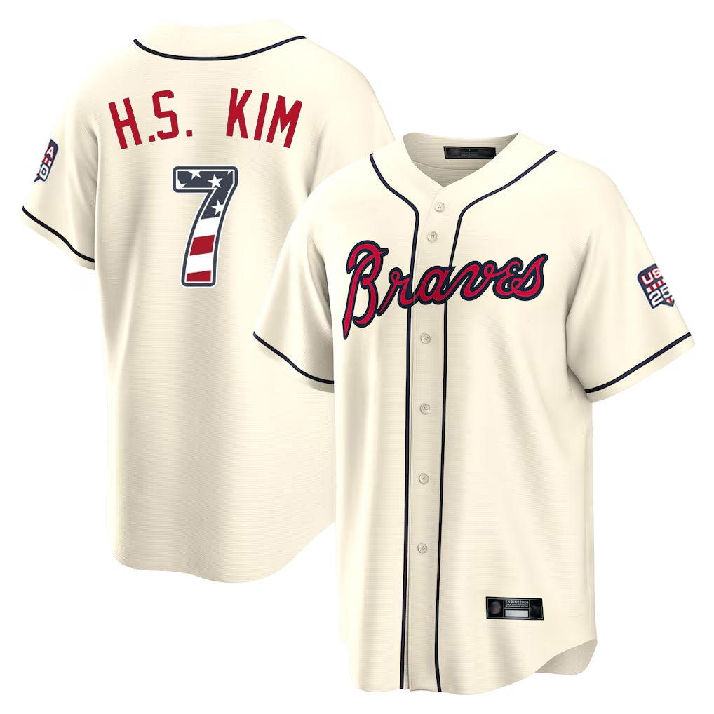Silnrao A.Braves #7 Ha-Seong Kim Player Cream USA 250 Fourth Of July Limited Home Game Stitched Jerseys