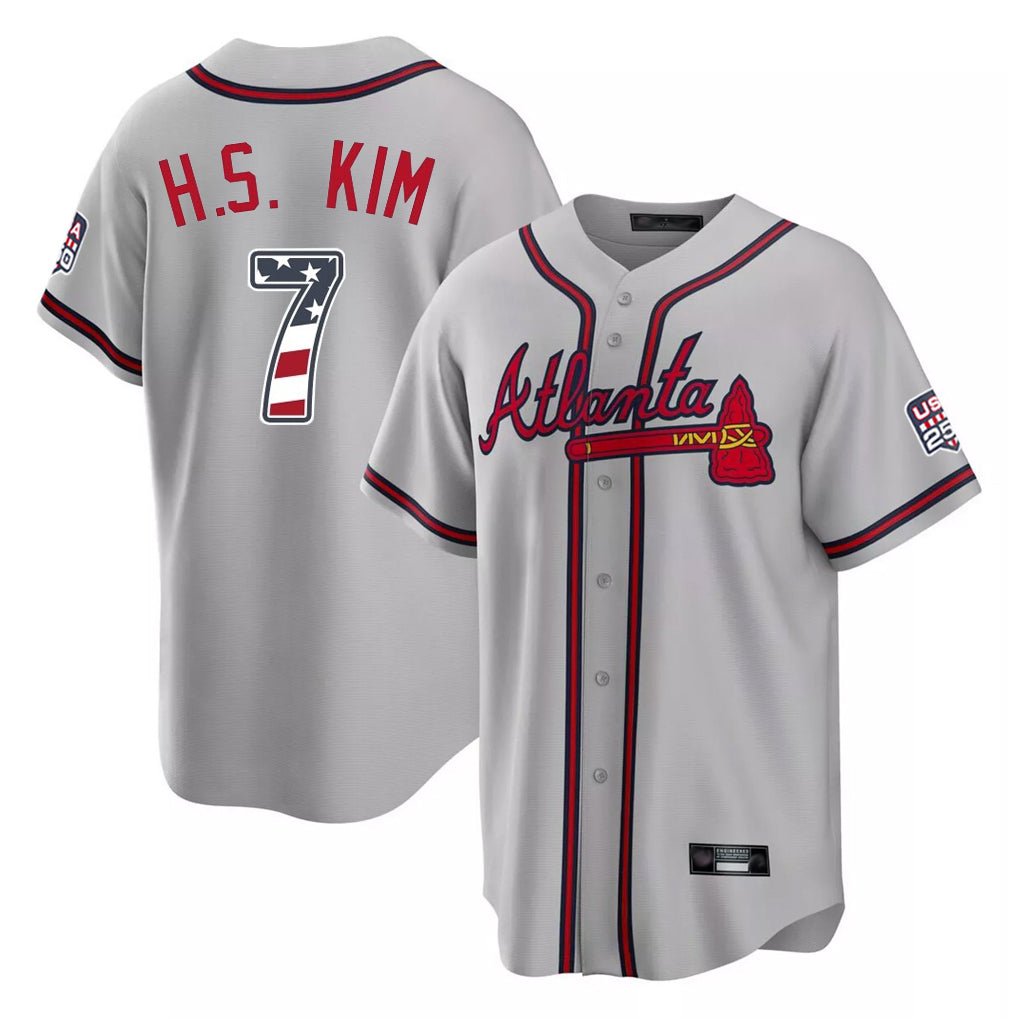 Silnrao A.Braves #7 Ha-Seong Kim Player Gray USA 250 Fourth Of July Limited Home Game Stitched Jerseys