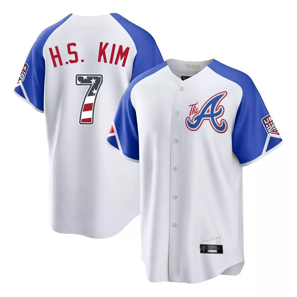 Silnrao A.Braves #7 Ha-Seong Kim Player White USA 250 Fourth Of July City Connect Home Game Stitched Jerseys