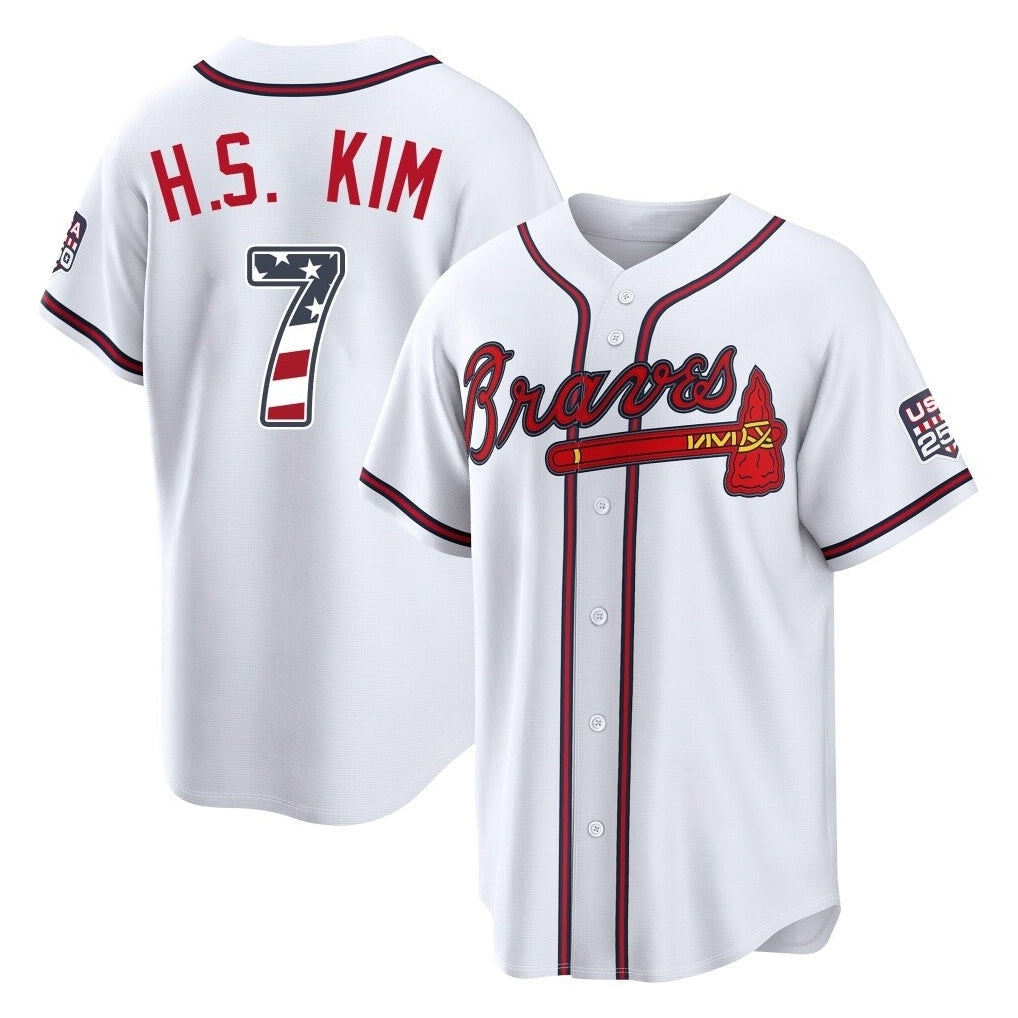 Silnrao A.Braves #7 Ha-Seong Kim Player White USA 250 Fourth Of July Limited Home Game Stitched Jerseys