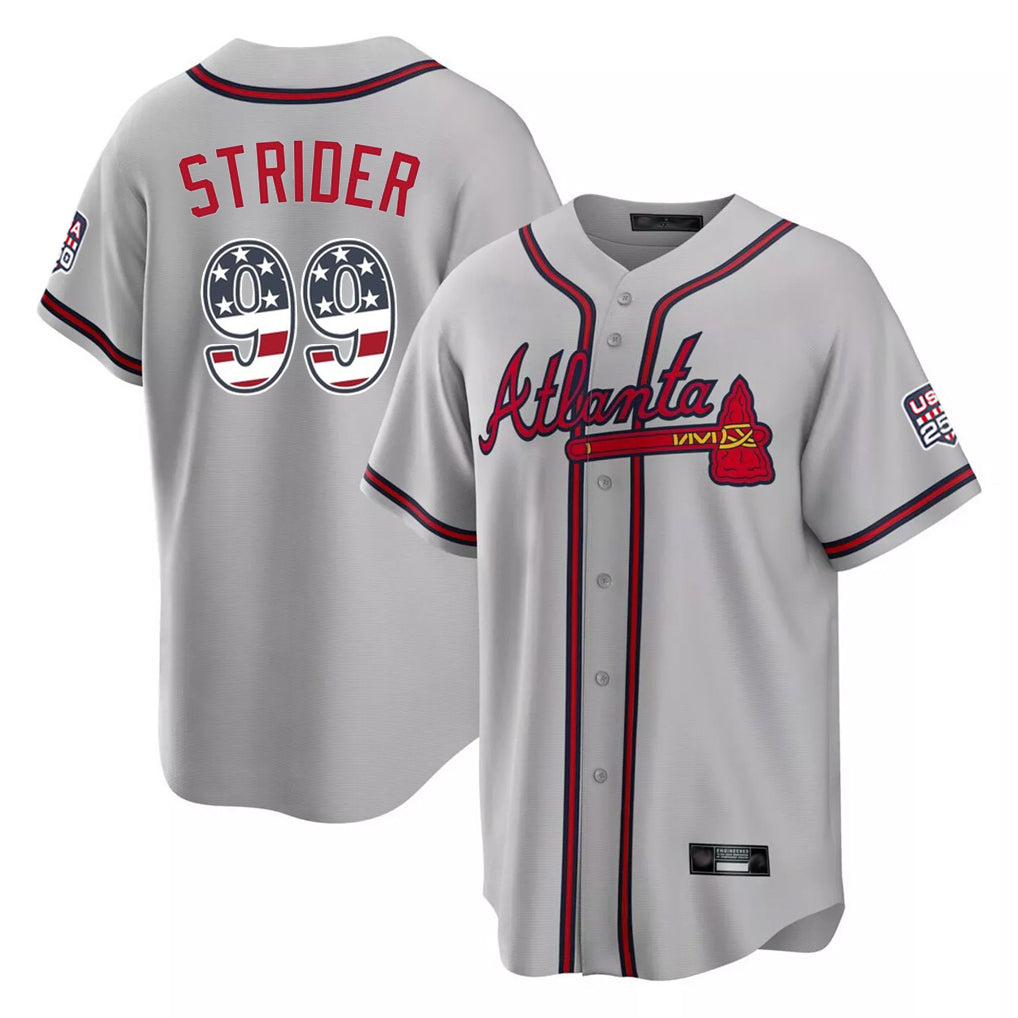 Silnrao A.Braves #99 Spencer Strider Player Gray USA 250 Fourth Of July Limited Home Game Stitched Jerseys