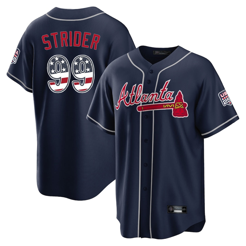 Silnrao A.Braves #99 Spencer Strider Player Navy USA 250 Fourth Of July Limited Home Game Stitched Jerseys