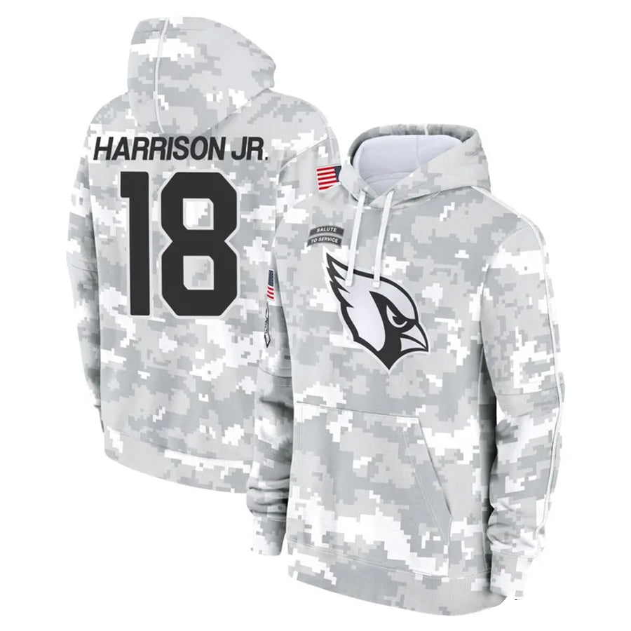 Silnrao A.Cardinals #18 Marvin Harrison Jr. Player Camo Salute to Service Hoodies Stitched Jerseys
