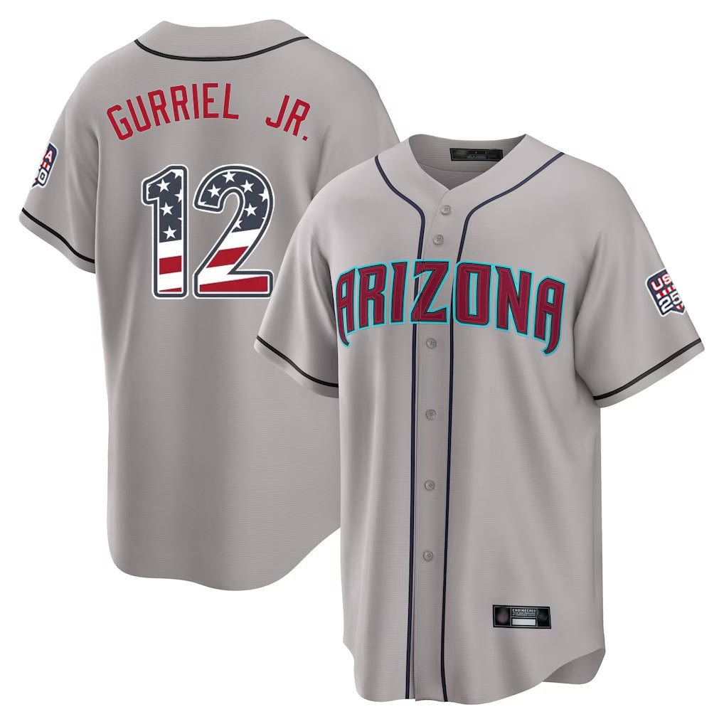 Silnrao A.Diamondbacks #12 Lourdes Gurriel Jr Player Gray USA 250 Fourth of July Home Game Stitched Jerseys