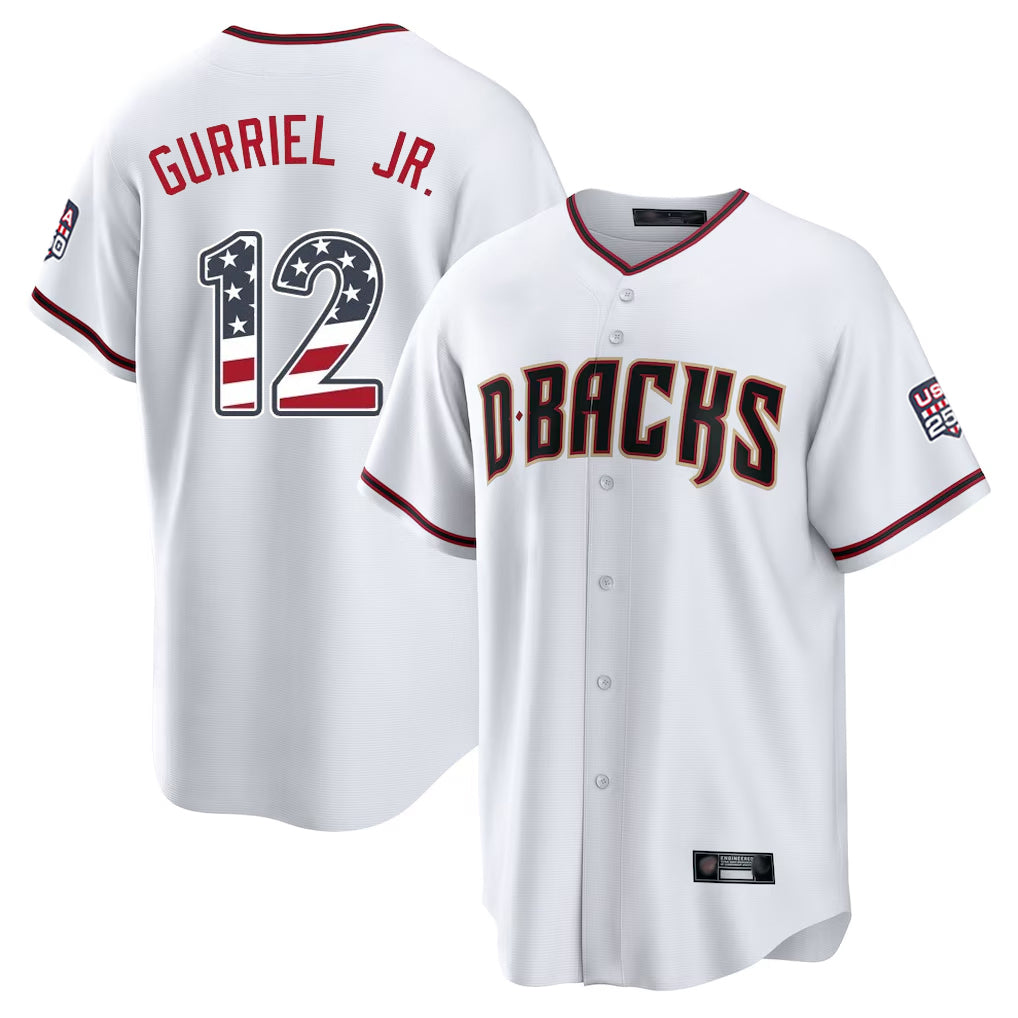 Silnrao A.Diamondbacks #12 Lourdes Gurriel Jr Player White USA 250 Fourth of July Home Game Stitched Jerseys