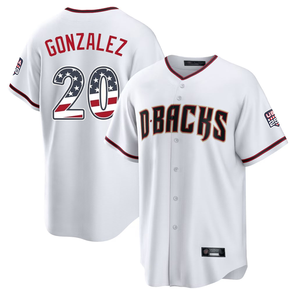 Silnrao A.Diamondbacks #20 Luis Gonzalez Player White USA 250 Fourth of July Home Game Stitched Jerseys