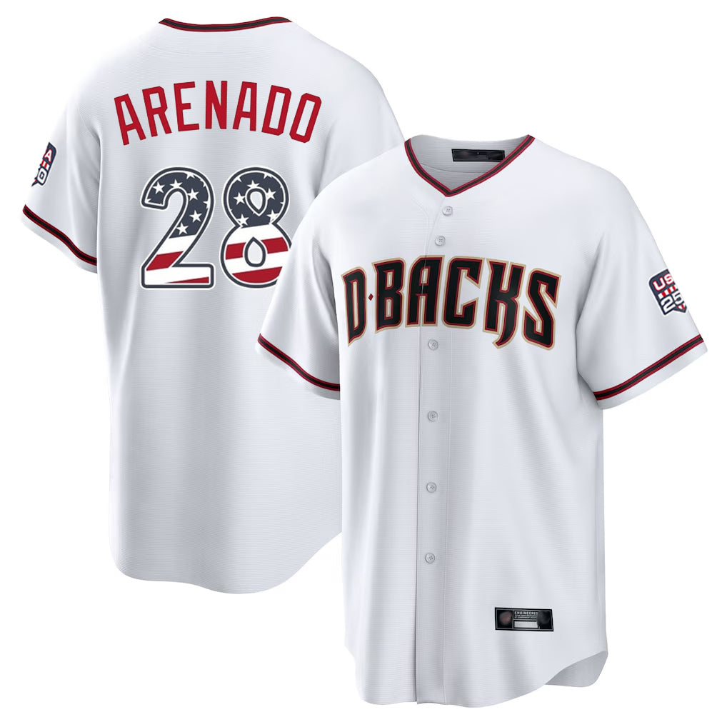 Silnrao A.Diamondbacks #28 Nolan Arenado Player White USA 250 Fourth of July Home Game Stitched Jerseys