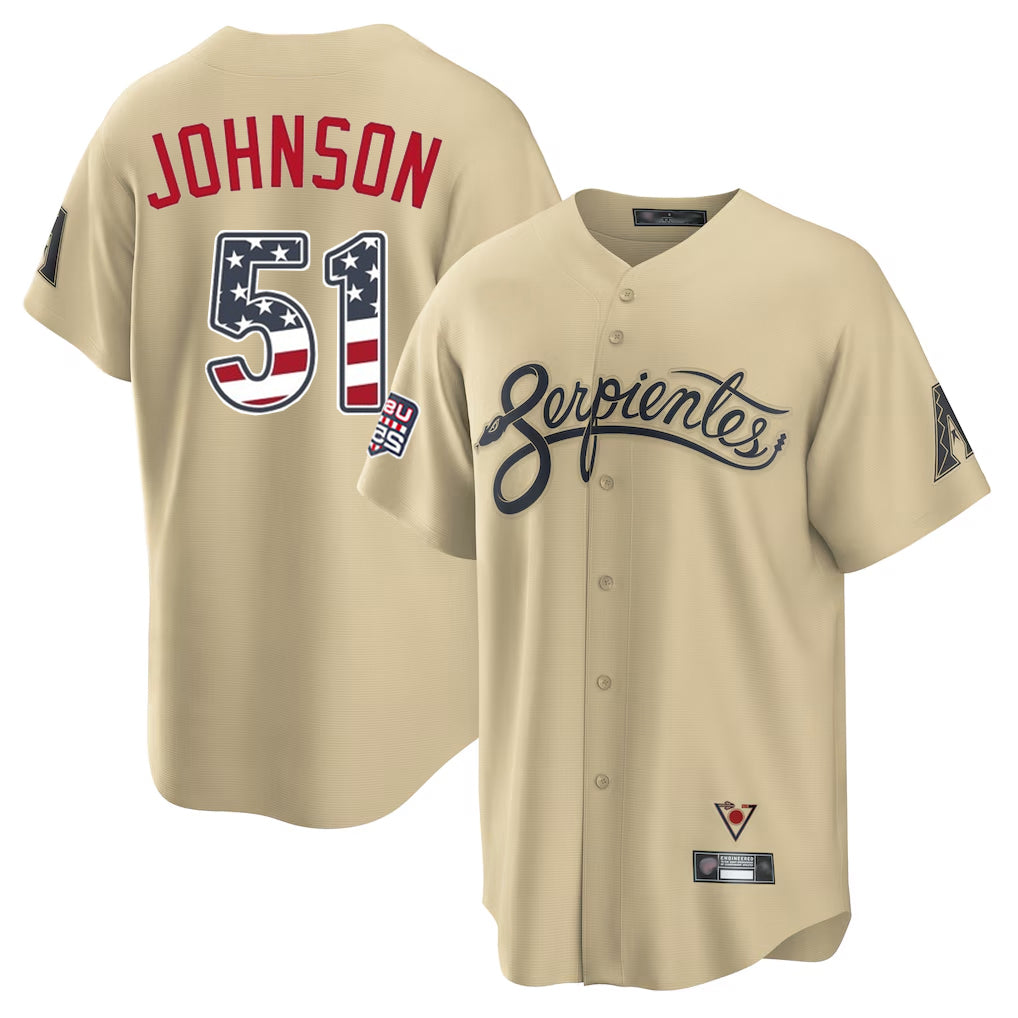 Silnrao A.Diamondbacks #51 Randy Johnson Player Tan USA 250 Fourth of July Home Game Stitched Jerseys