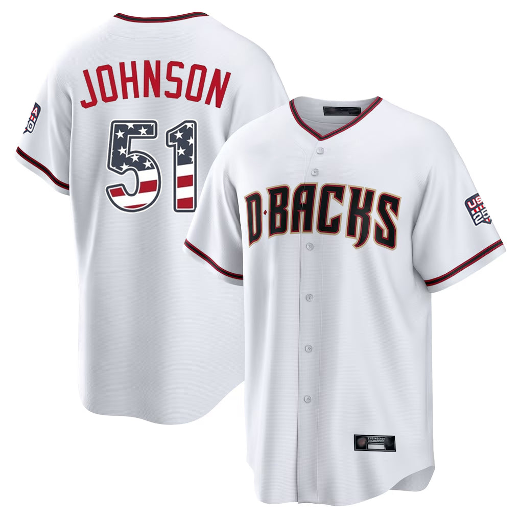 Silnrao A.Diamondbacks #51 Randy Johnson Player White USA 250 Fourth of July Home Game Stitched Jerseys